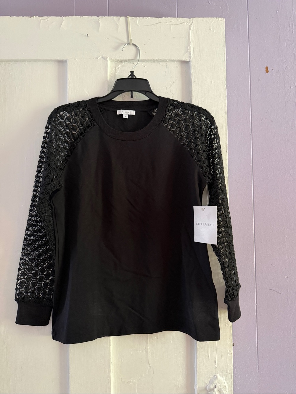 Stella & Dot Black Pullover with Crochet Lace Sleeves